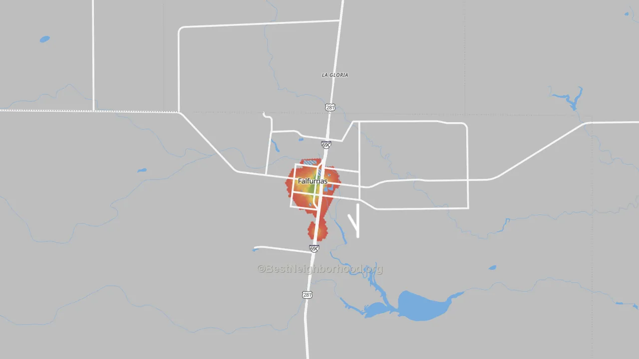 Walk Grade map of 78355, TX, walkable areas in green and car-dependent areas in red
