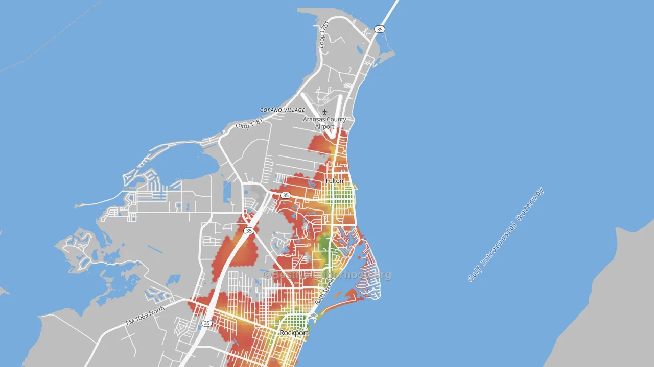 Walk Grade map of 78358, TX, walkable areas in green and car-dependent areas in red