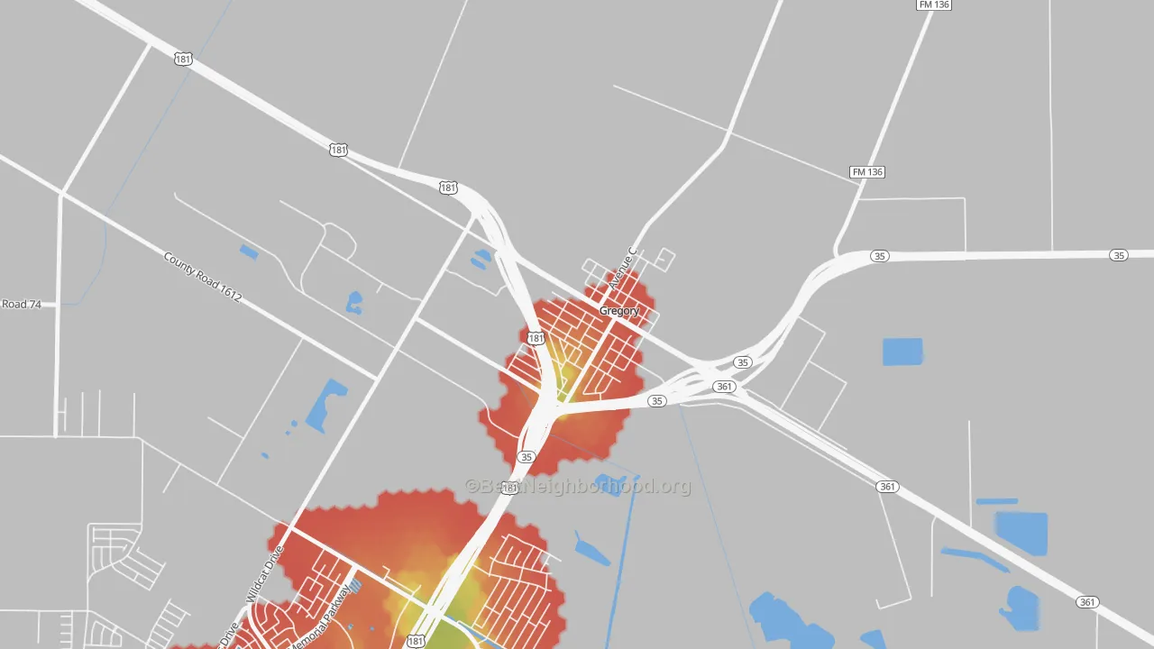 Walk Grade map of 78359, TX, walkable areas in green and car-dependent areas in red