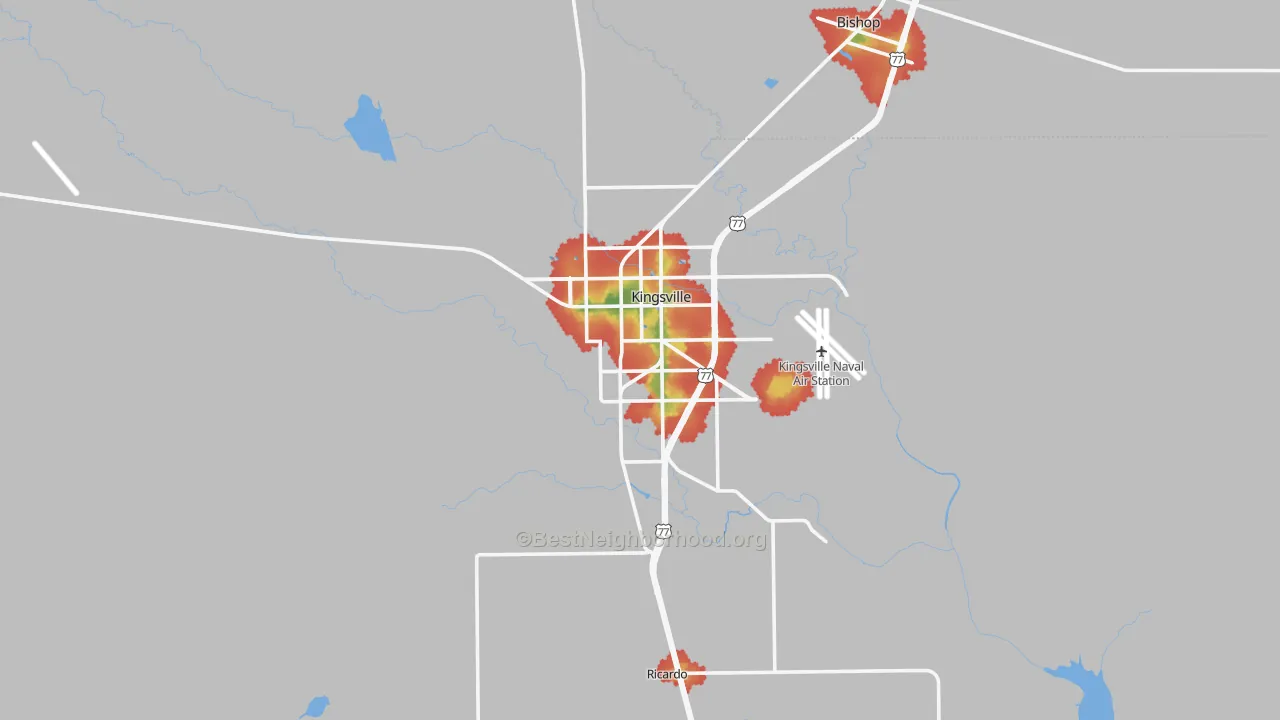 Walk Grade map of 78363, TX, walkable areas in green and car-dependent areas in red