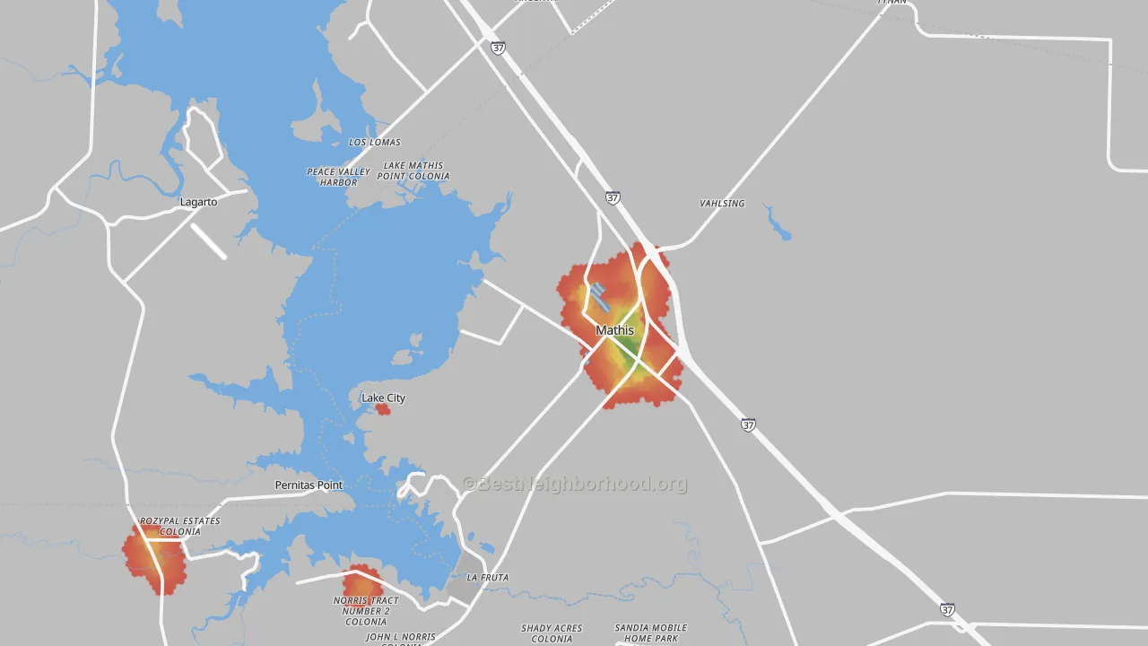 Walk Grade map of 78368, TX, walkable areas in green and car-dependent areas in red