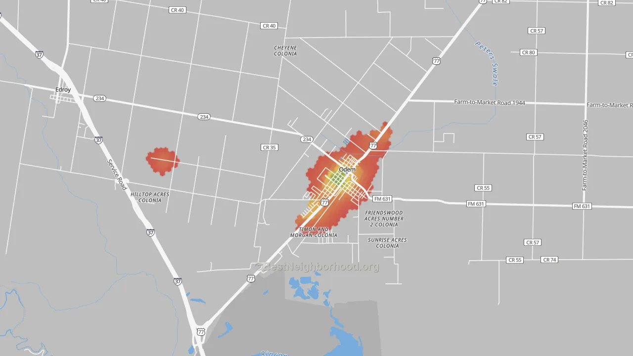 Walk Grade map of 78370, TX, walkable areas in green and car-dependent areas in red
