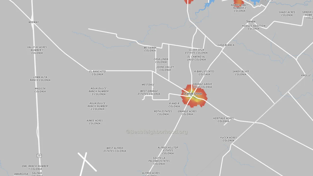 Walk Grade map of 78372, TX, walkable areas in green and car-dependent areas in red