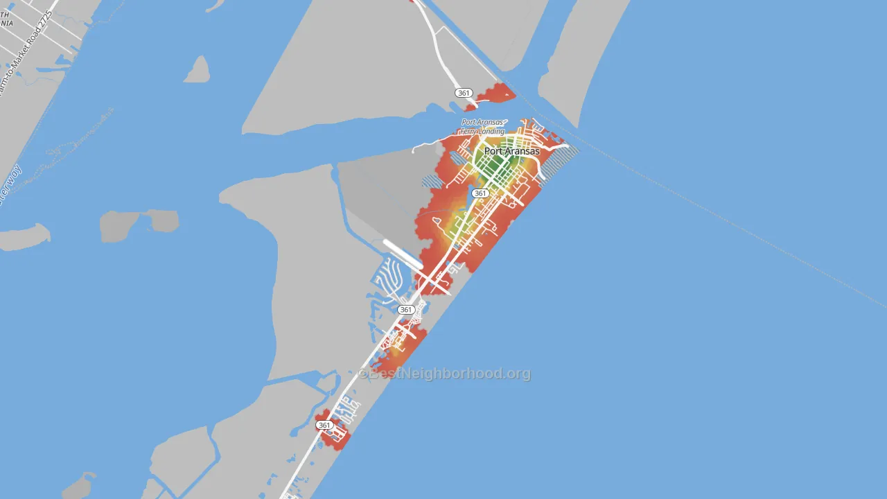 Walk Grade map of 78373, TX, walkable areas in green and car-dependent areas in red