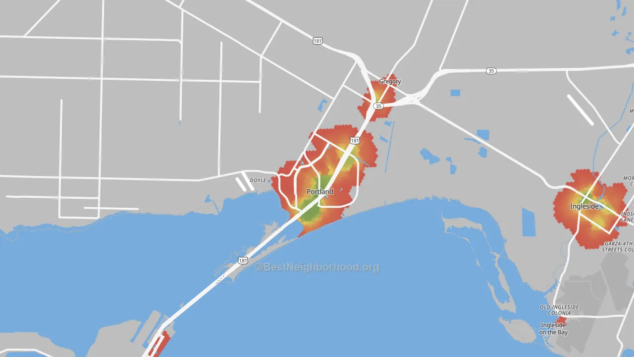 Walk Grade map of 78374, TX, walkable areas in green and car-dependent areas in red
