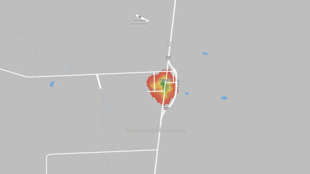 Walk Grade map of 78375, TX, walkable areas in green and car-dependent areas in red