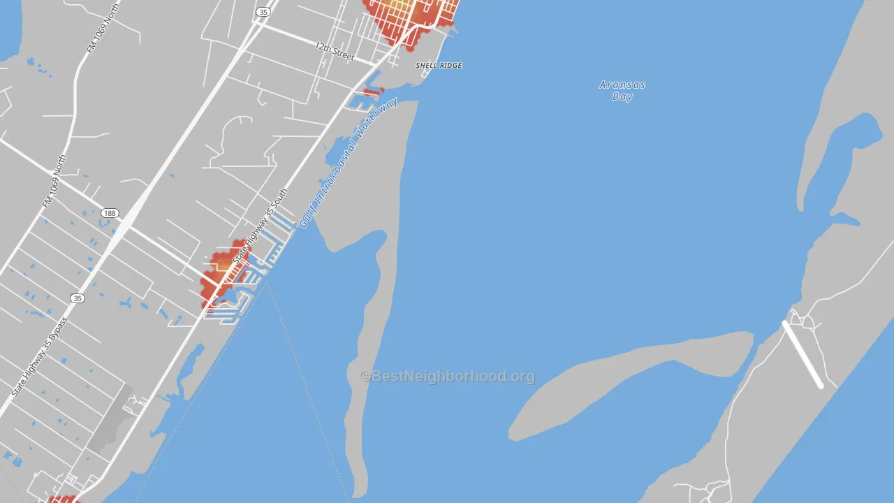 Walk Grade map of 78381, TX, walkable areas in green and car-dependent areas in red