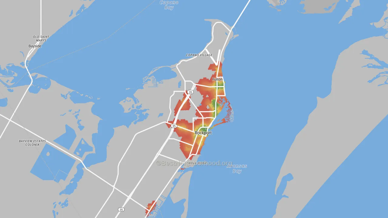 Walk Grade map of 78382, TX, walkable areas in green and car-dependent areas in red