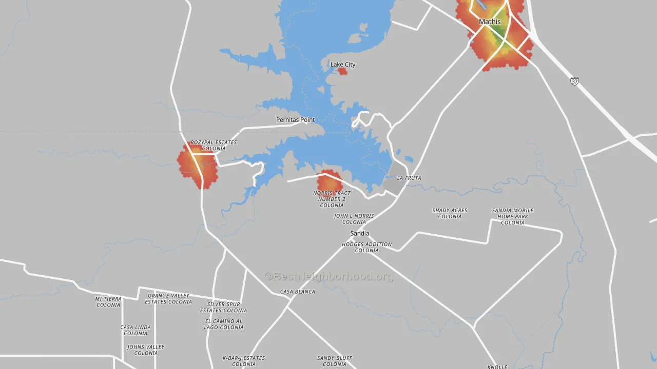 Walk Grade map of 78383, TX, walkable areas in green and car-dependent areas in red