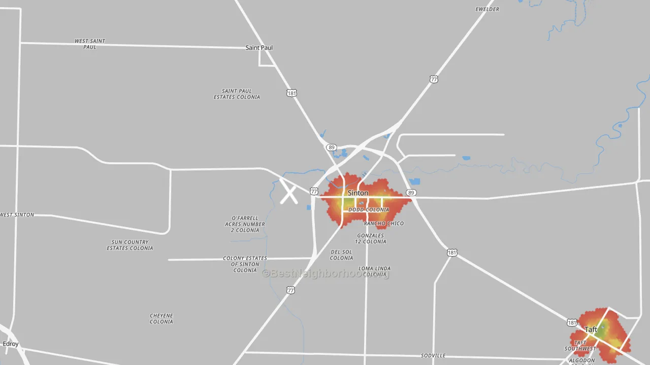 Walk Grade map of 78387, TX, walkable areas in green and car-dependent areas in red