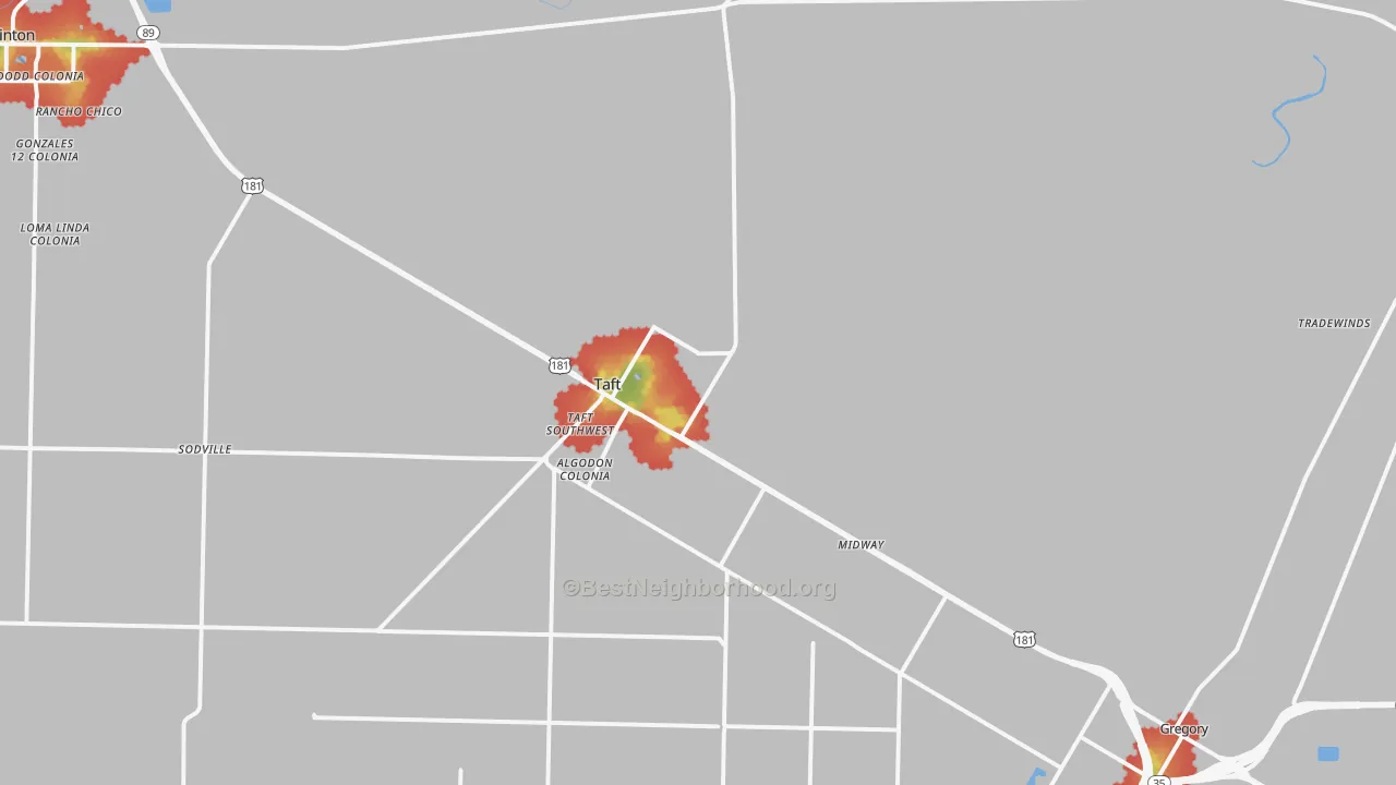 Walk Grade map of 78390, TX, walkable areas in green and car-dependent areas in red