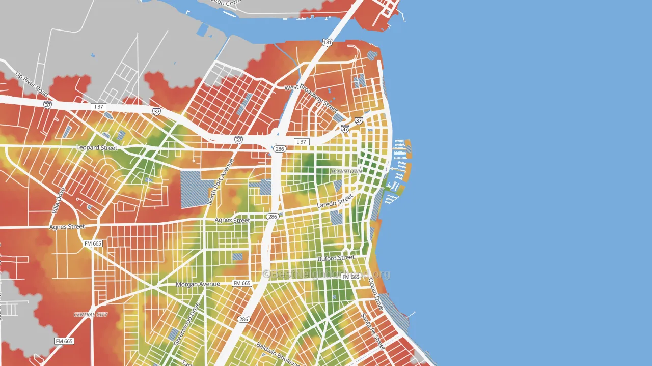 Walk Grade map of 78401, TX, walkable areas in green and car-dependent areas in red