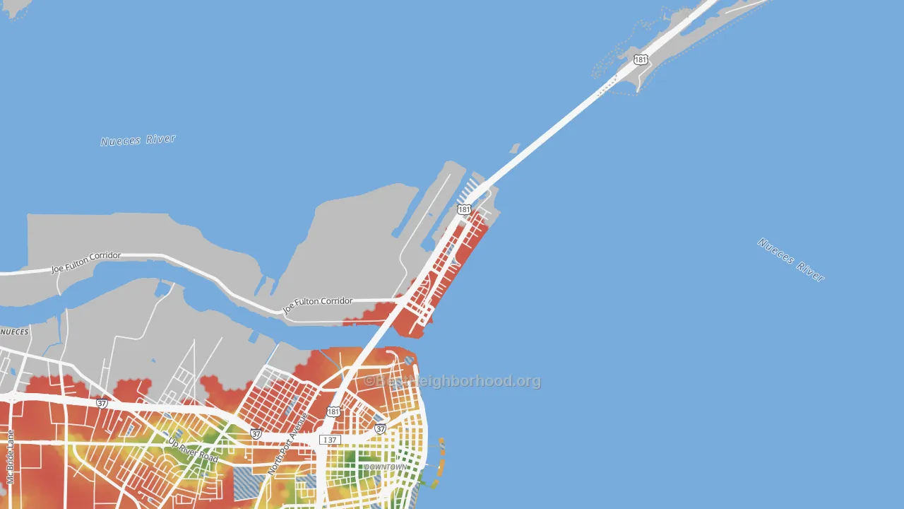 Walk Grade map of 78402, TX, walkable areas in green and car-dependent areas in red