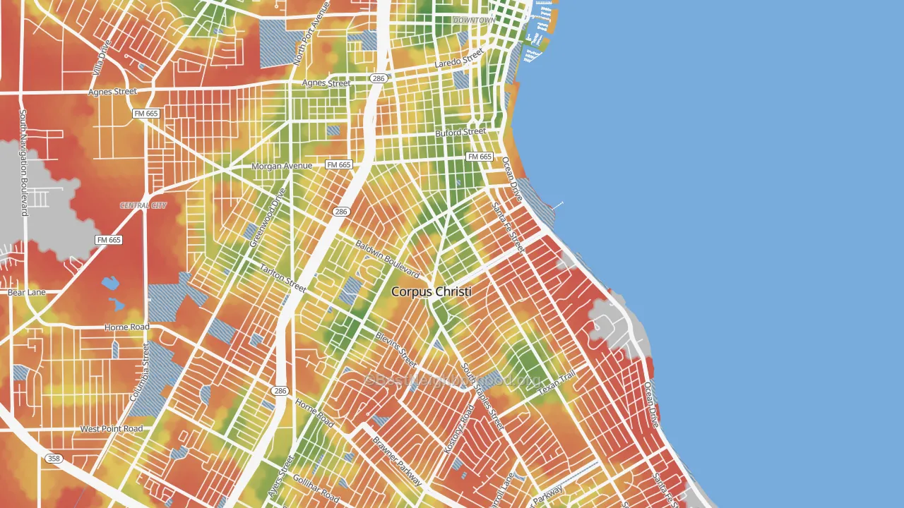 Walk Grade map of 78404, TX, walkable areas in green and car-dependent areas in red