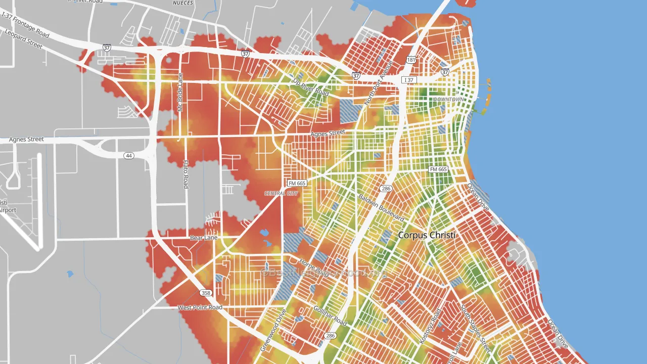 Walk Grade map of 78405, TX, walkable areas in green and car-dependent areas in red