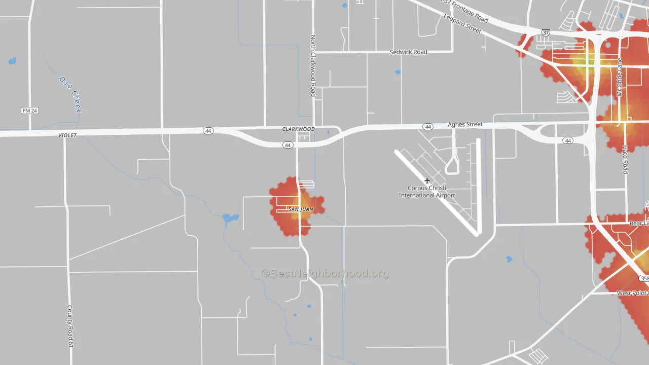 Walk Grade map of 78406, TX, walkable areas in green and car-dependent areas in red