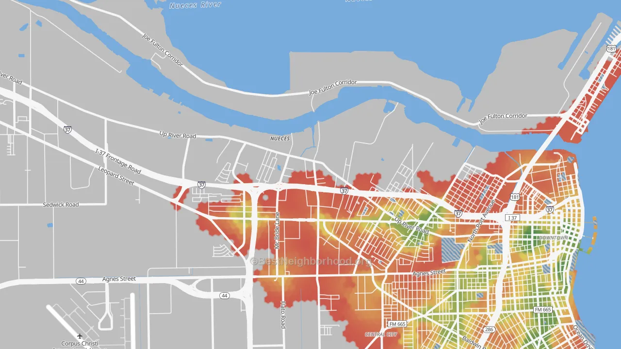 Walk Grade map of 78407, TX, walkable areas in green and car-dependent areas in red