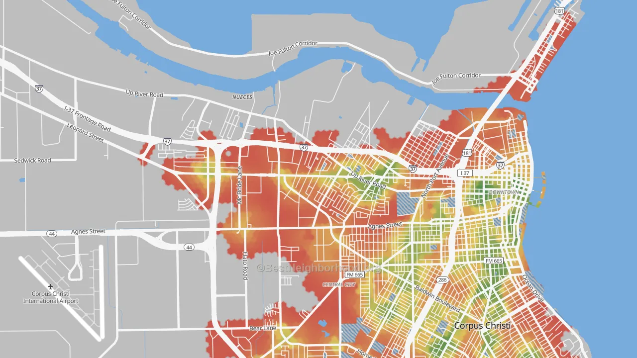 Walk Grade map of 78408, TX, walkable areas in green and car-dependent areas in red