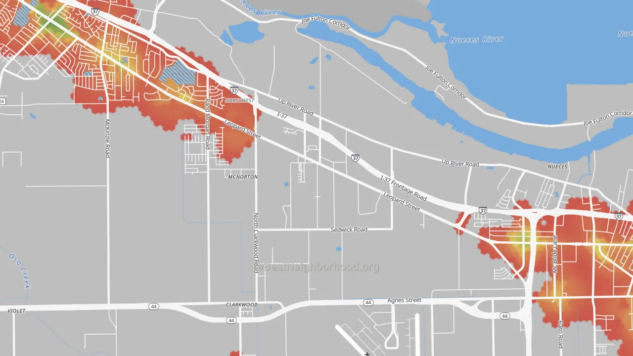 Walk Grade map of 78409, TX, walkable areas in green and car-dependent areas in red
