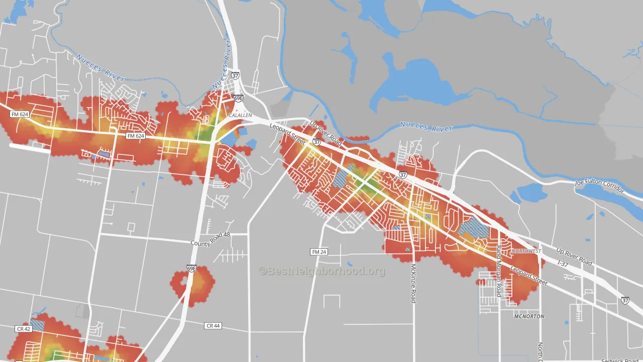 Walk Grade map of 78410, TX, walkable areas in green and car-dependent areas in red