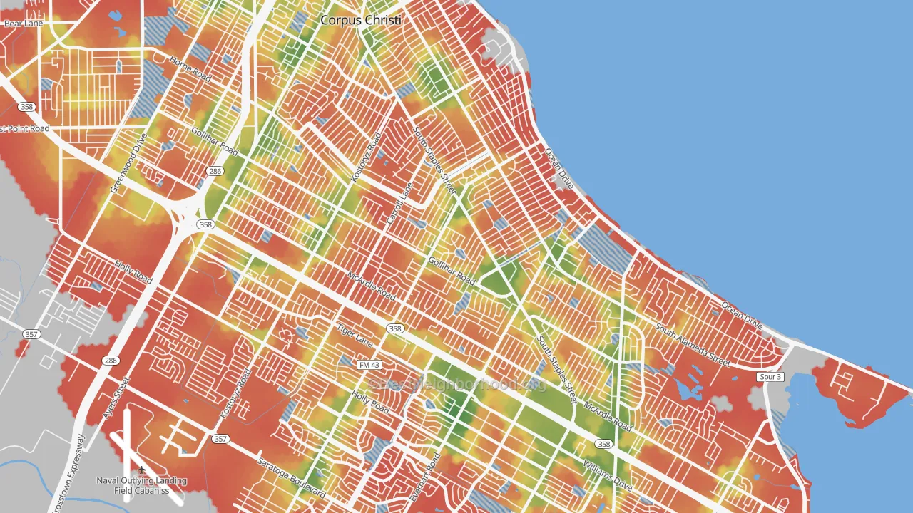 Walk Grade map of 78411, TX, walkable areas in green and car-dependent areas in red