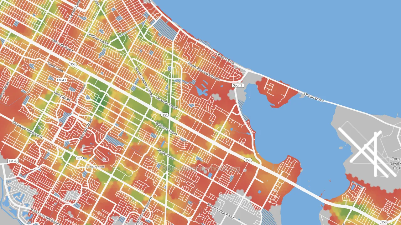 Walk Grade map of 78412, TX, walkable areas in green and car-dependent areas in red