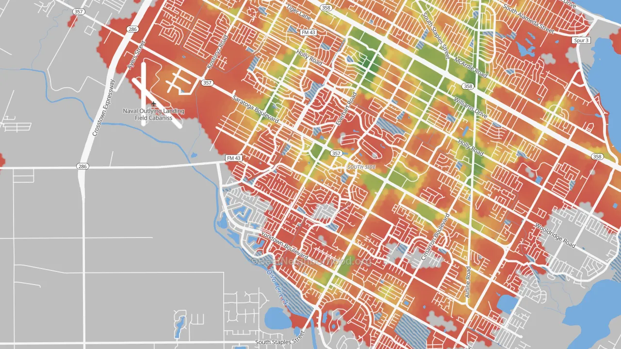 Walk Grade map of 78413, TX, walkable areas in green and car-dependent areas in red
