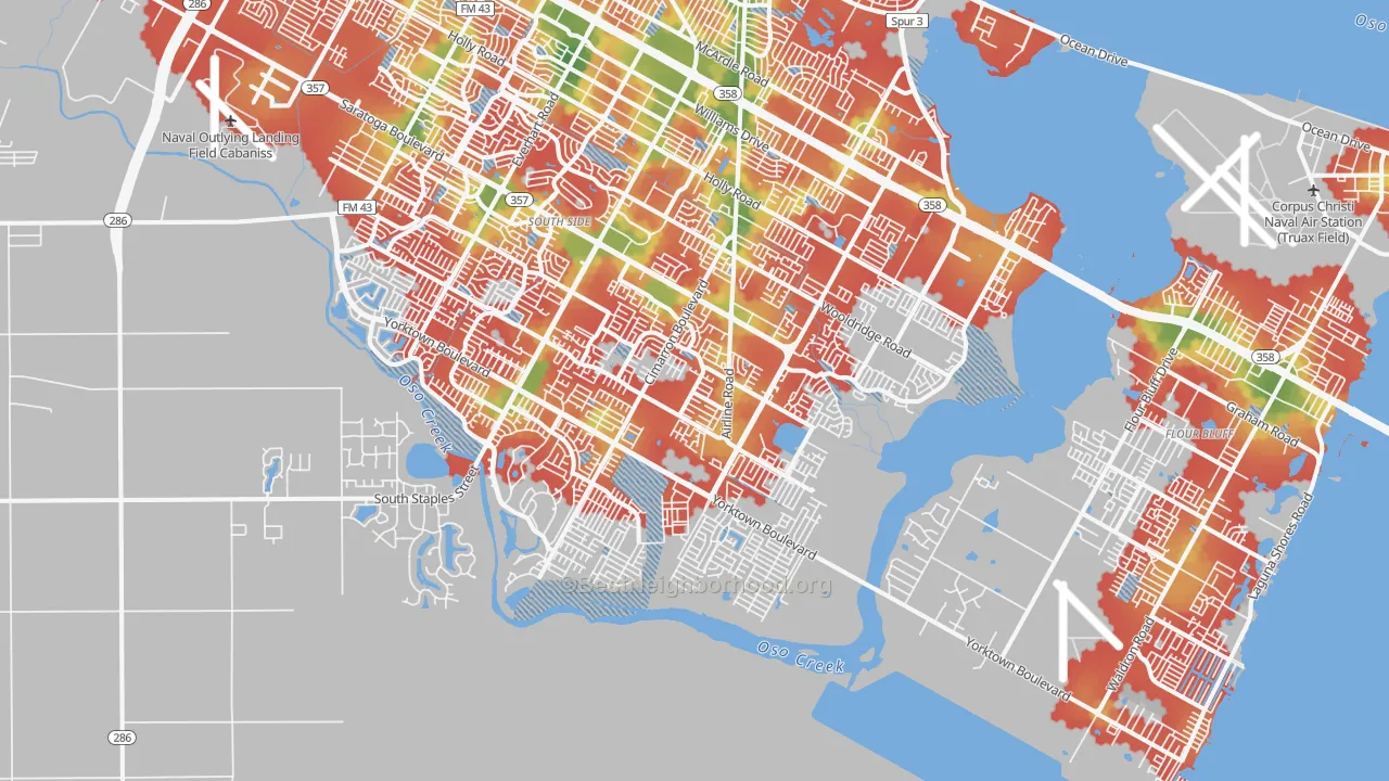 Walk Grade map of 78414, TX, walkable areas in green and car-dependent areas in red