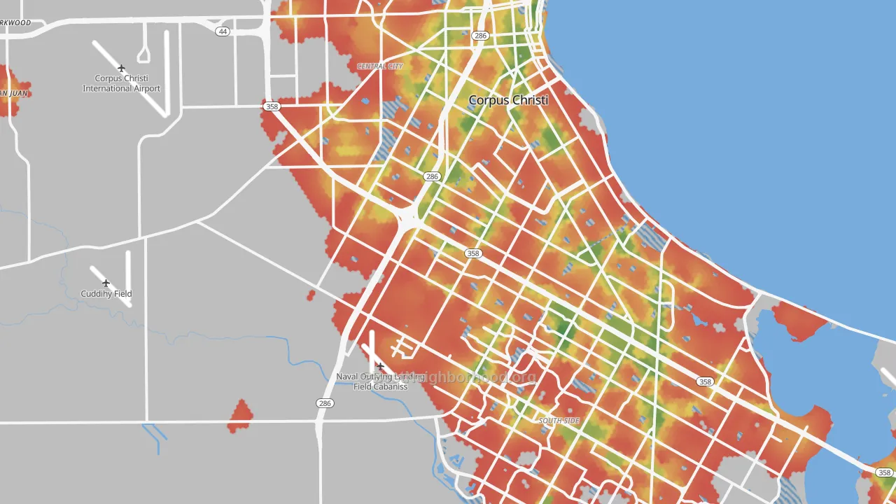 Walk Grade map of 78415, TX, walkable areas in green and car-dependent areas in red