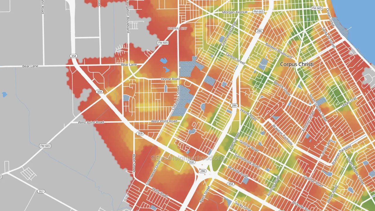 Walk Grade map of 78416, TX, walkable areas in green and car-dependent areas in red