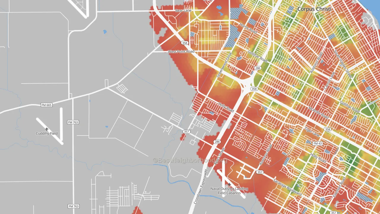 Walk Grade map of 78417, TX, walkable areas in green and car-dependent areas in red