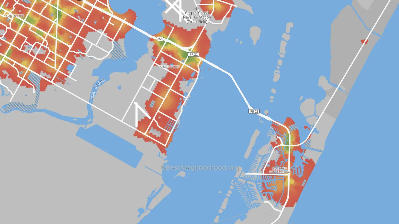 Walk Grade map of 78418, TX, walkable areas in green and car-dependent areas in red