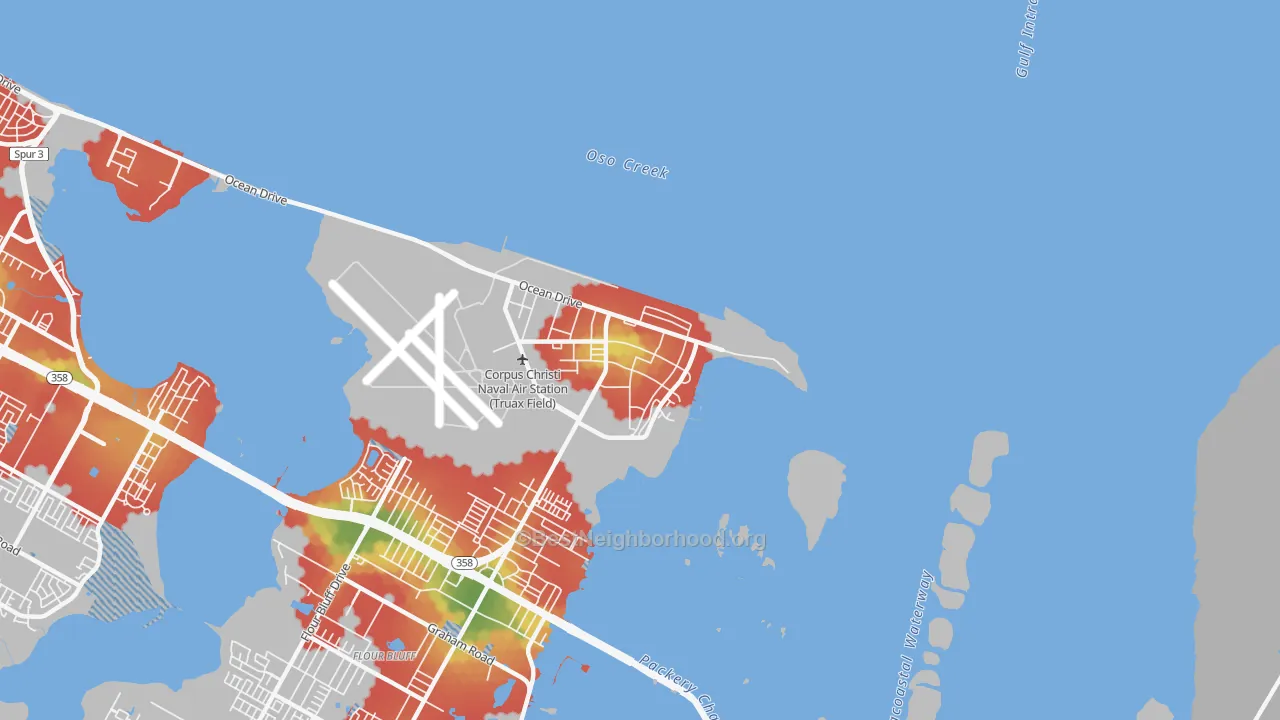 Walk Grade map of 78419, TX, walkable areas in green and car-dependent areas in red