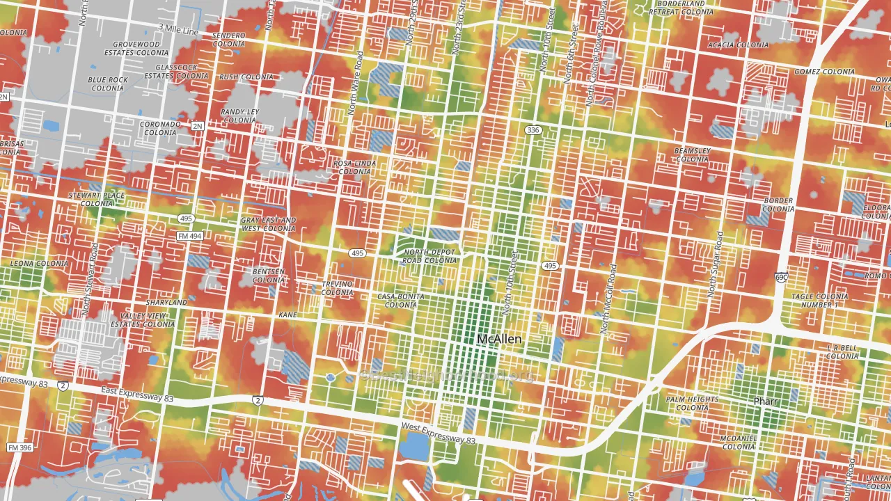 Walk Grade map of 78501, TX, walkable areas in green and car-dependent areas in red