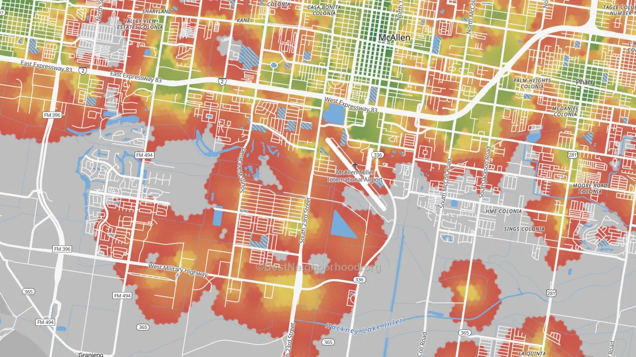 Walk Grade map of 78503, TX, walkable areas in green and car-dependent areas in red