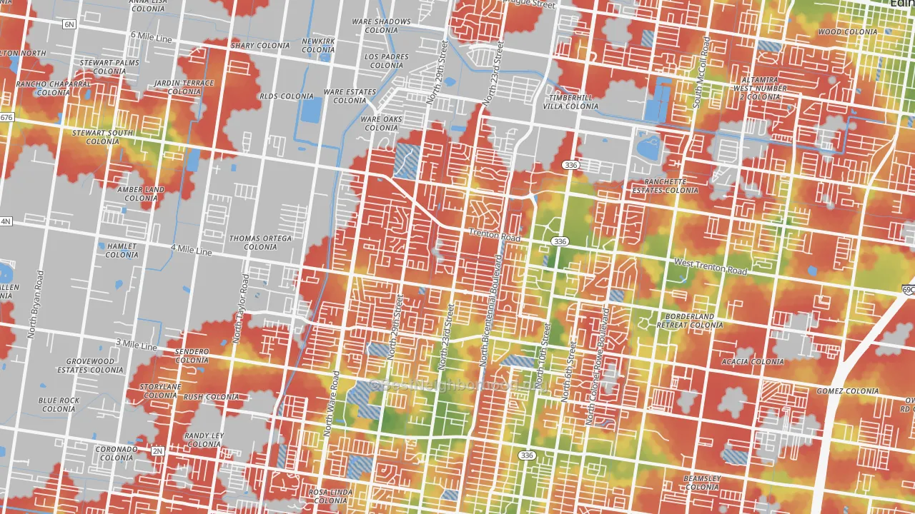 Walk Grade map of 78504, TX, walkable areas in green and car-dependent areas in red