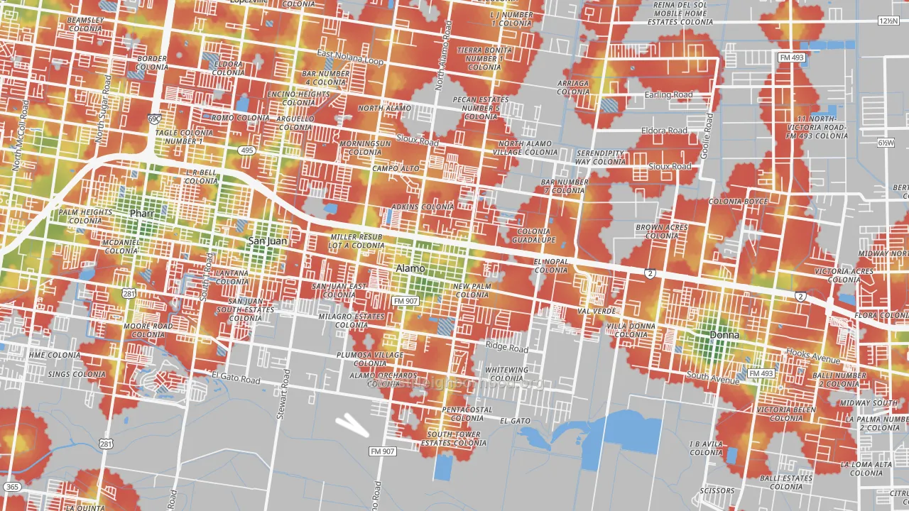 Walk Grade map of 78516, TX, walkable areas in green and car-dependent areas in red