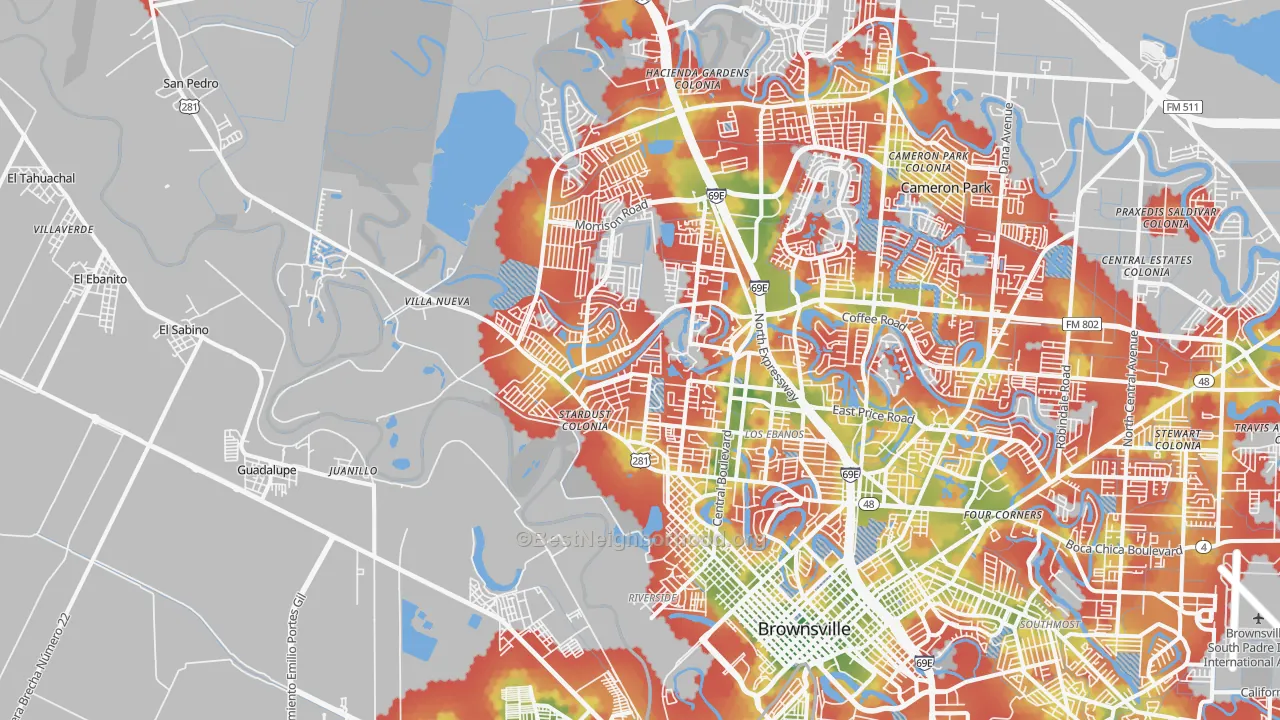 Walk Grade map of 78520, TX, walkable areas in green and car-dependent areas in red
