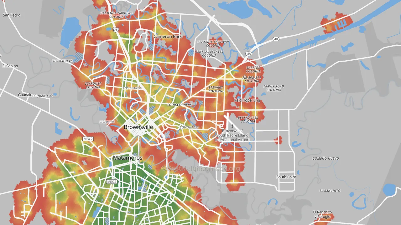 Walk Grade map of 78521, TX, walkable areas in green and car-dependent areas in red