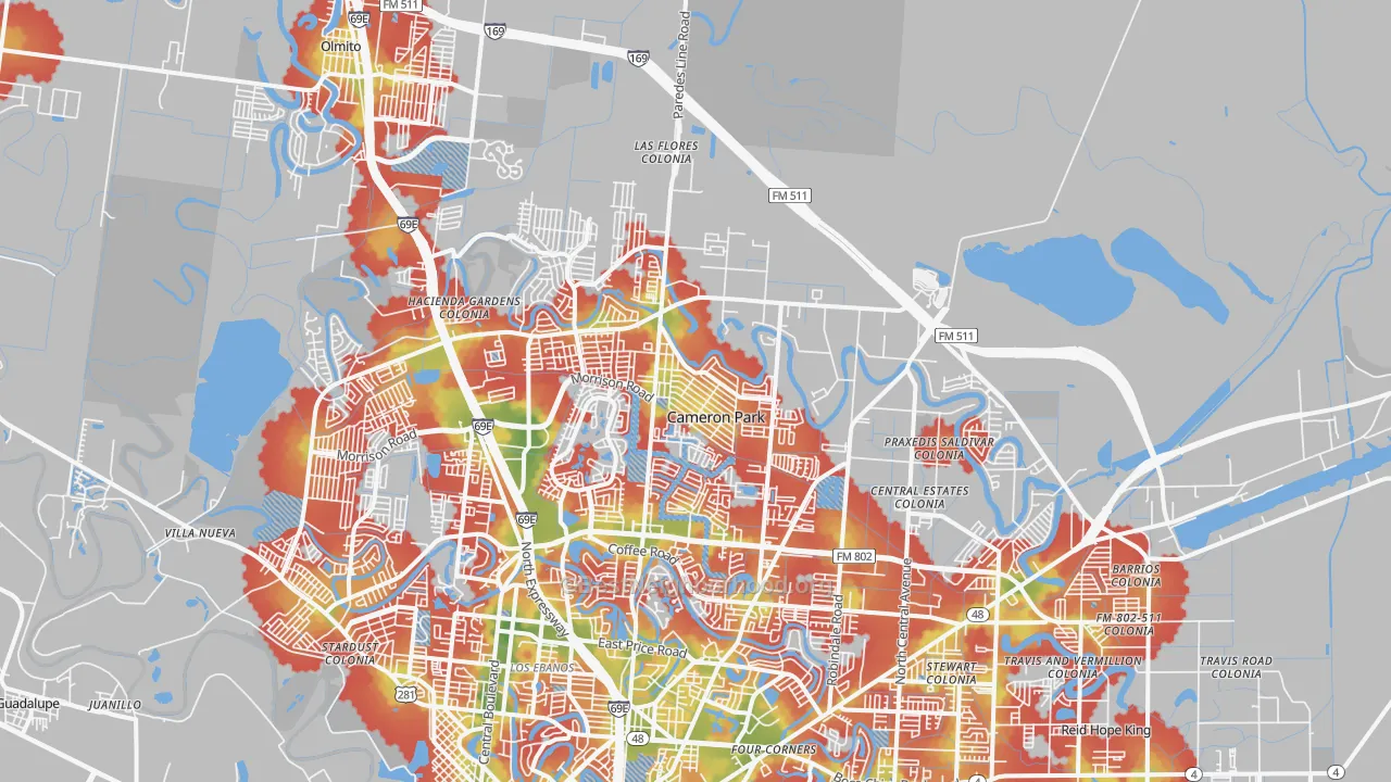 Walk Grade map of 78526, TX, walkable areas in green and car-dependent areas in red