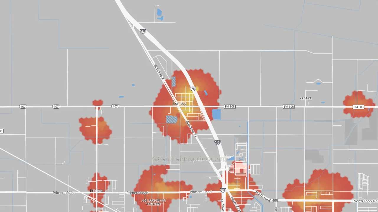 Walk Grade map of 78535, TX, walkable areas in green and car-dependent areas in red