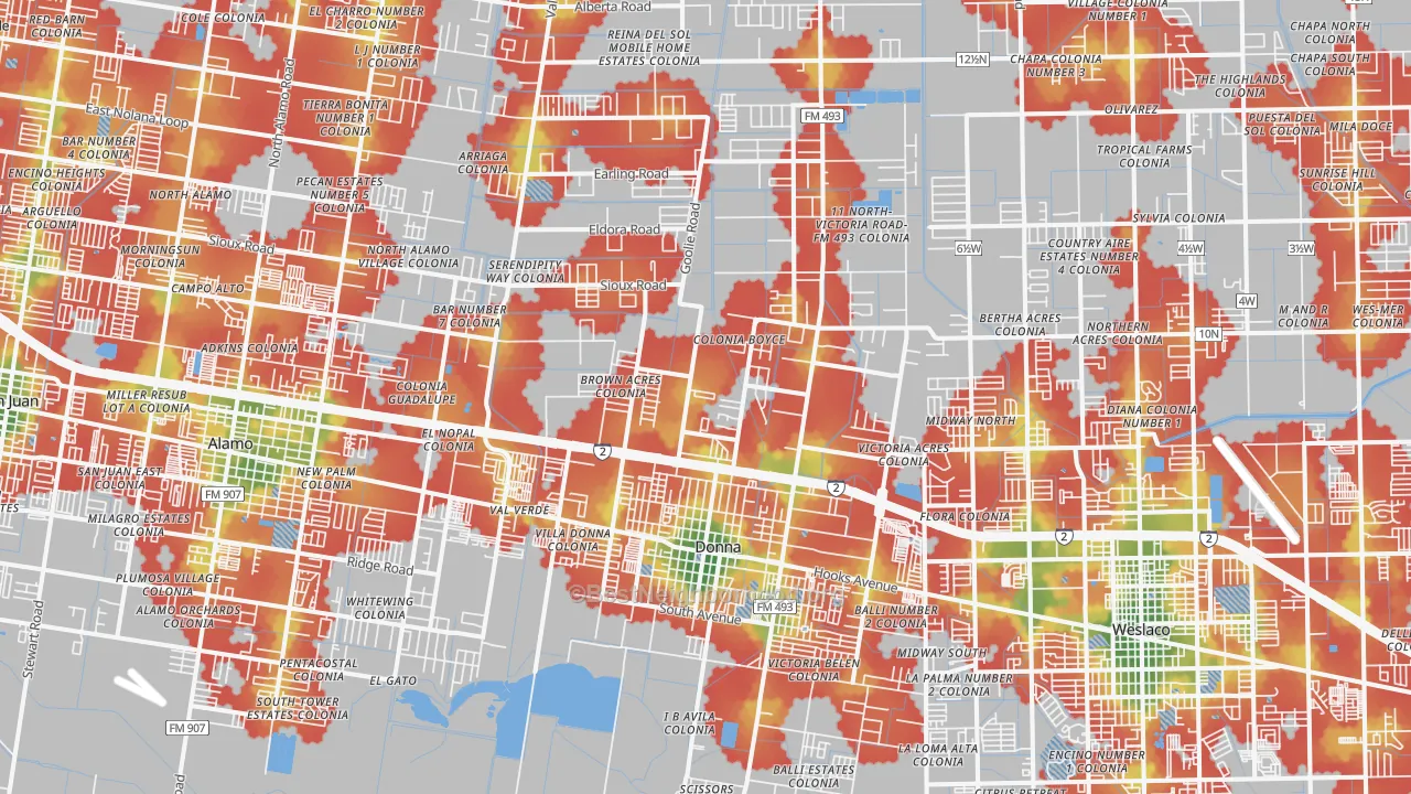Walk Grade map of 78537, TX, walkable areas in green and car-dependent areas in red