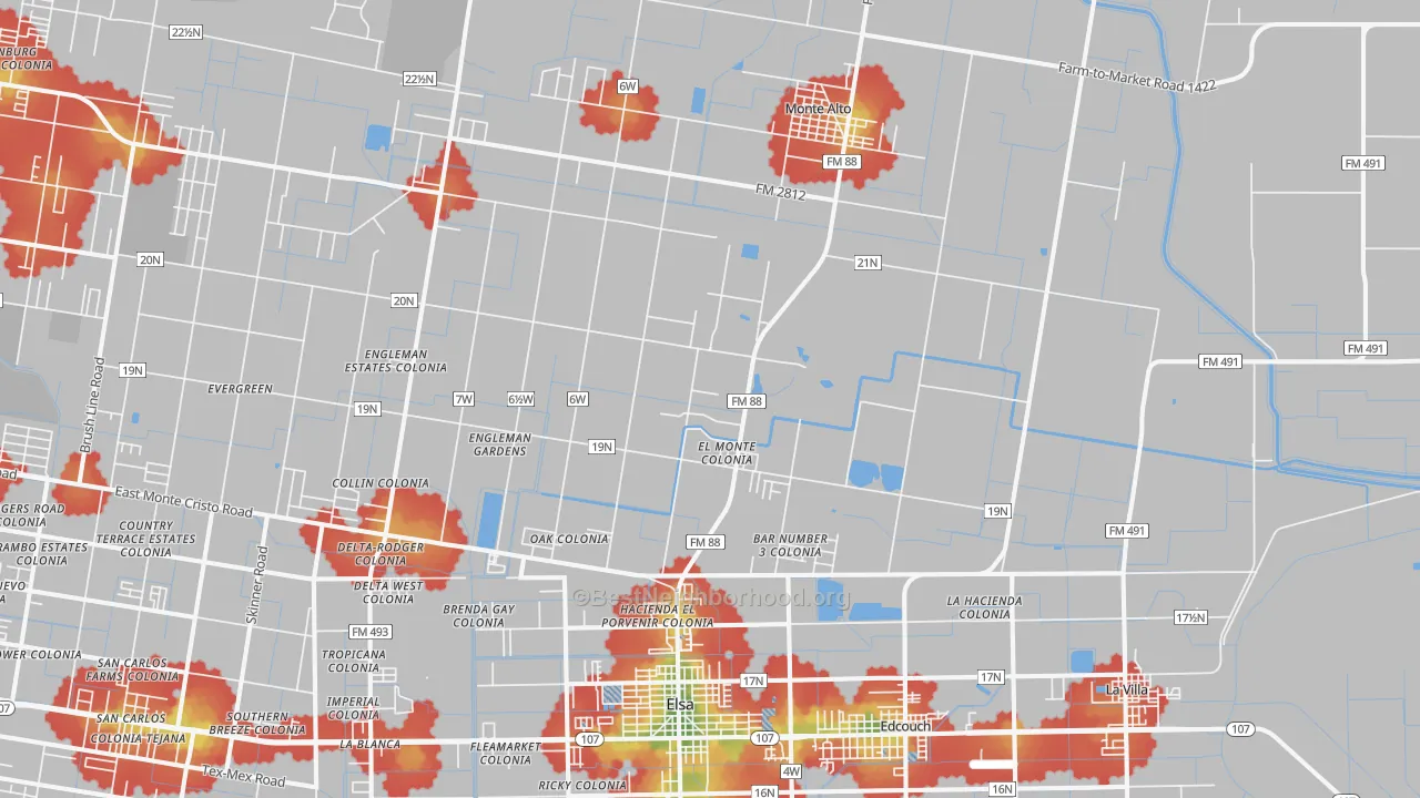 Walk Grade map of 78538, TX, walkable areas in green and car-dependent areas in red