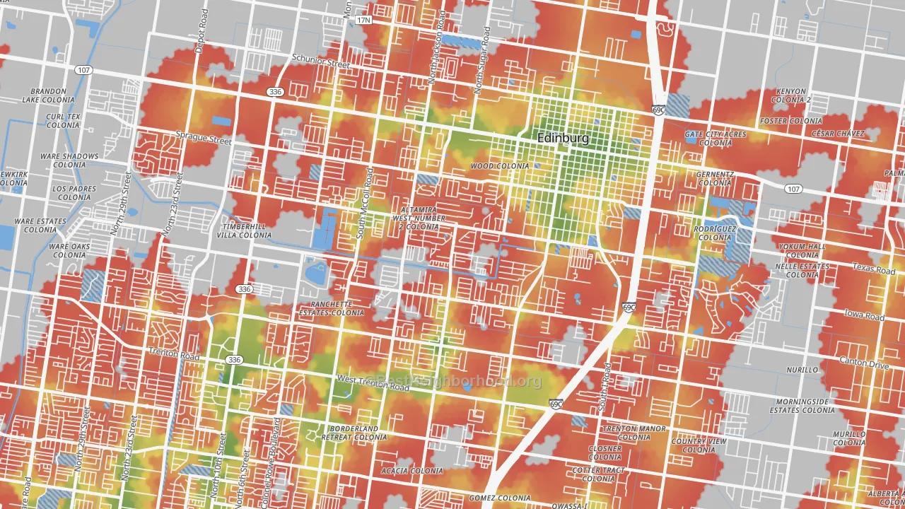 Walk Grade map of 78539, TX, walkable areas in green and car-dependent areas in red