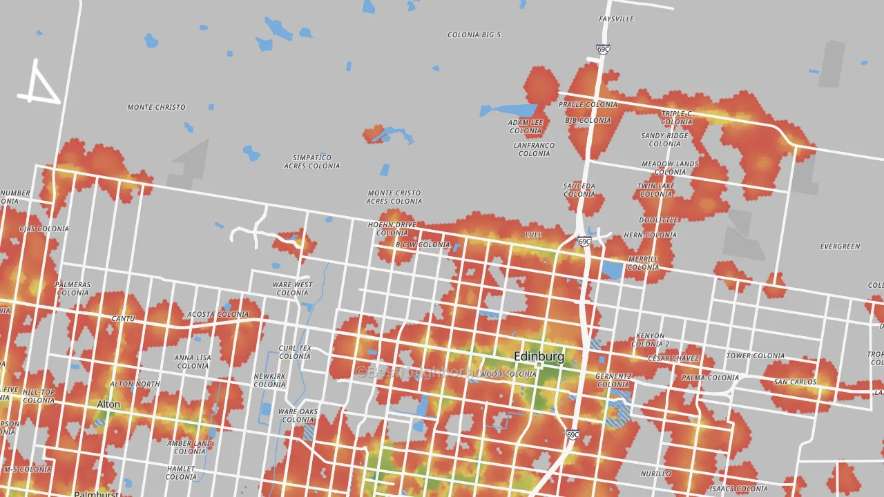 Walk Grade map of 78541, TX, walkable areas in green and car-dependent areas in red