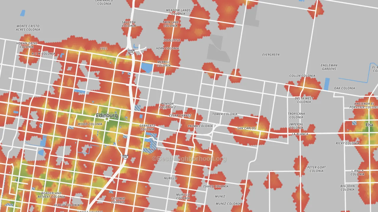 Walk Grade map of 78542, TX, walkable areas in green and car-dependent areas in red