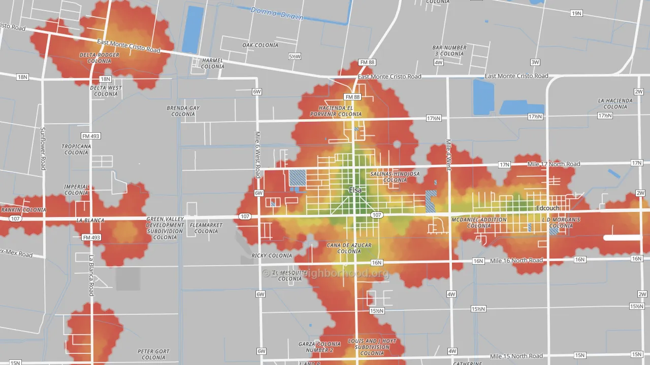 Walk Grade map of 78543, TX, walkable areas in green and car-dependent areas in red