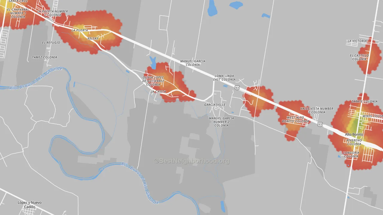 Walk Grade map of 78547, TX, walkable areas in green and car-dependent areas in red