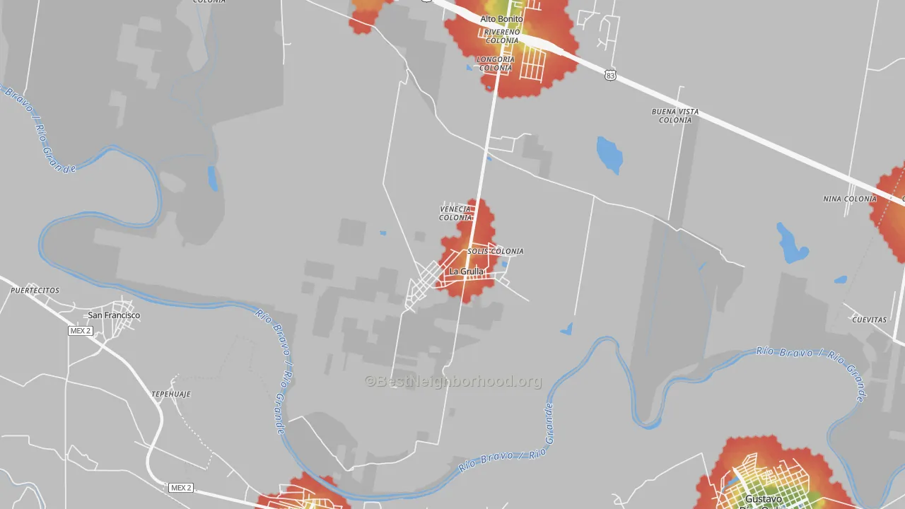 Walk Grade map of 78548, TX, walkable areas in green and car-dependent areas in red
