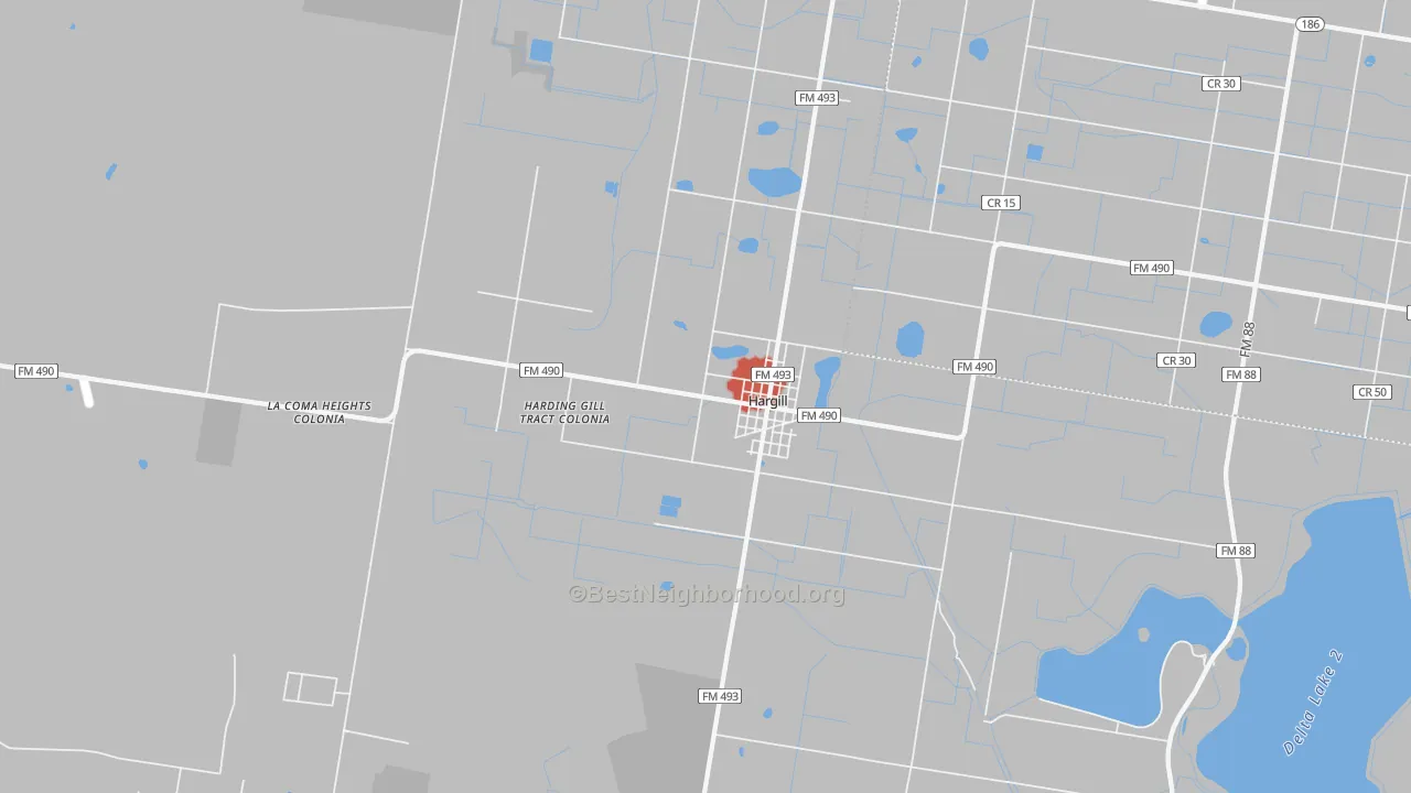 Walk Grade map of 78549, TX, walkable areas in green and car-dependent areas in red